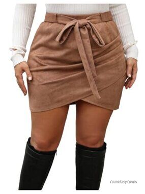 Plus Size Faux Suede Wrap Mini Skirt Cowgirl Belted Bodycon Skirts Western